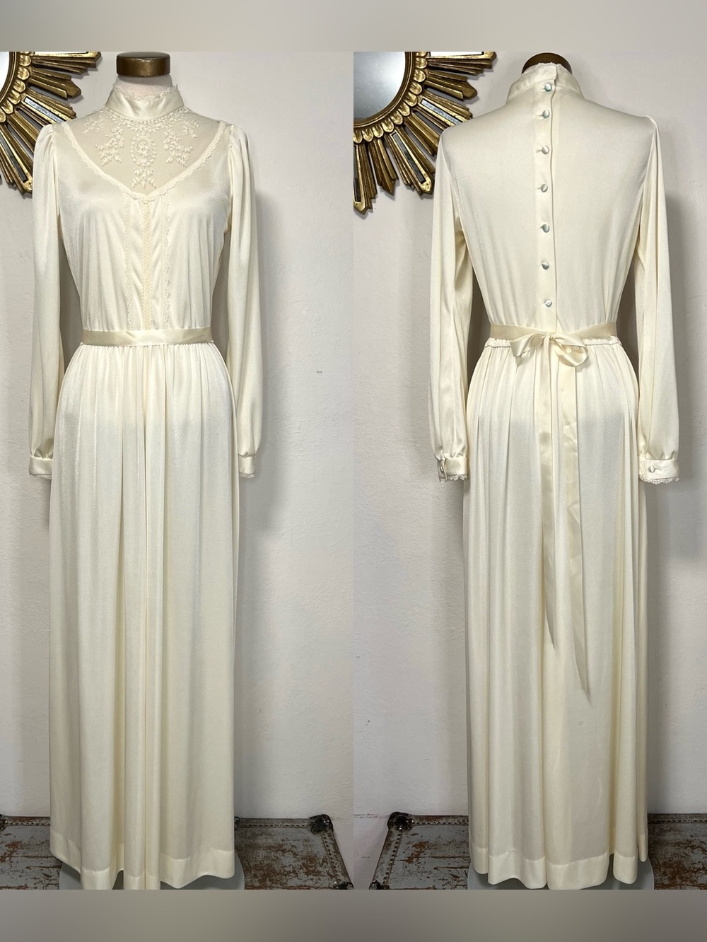 Vintage Ivory Long Sleeve Maxi Dress with Lace Yoke